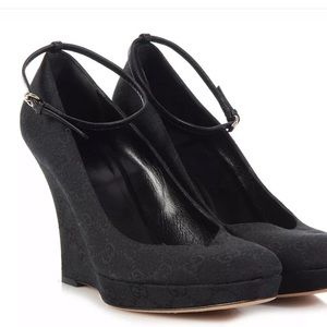 Gucci, black wedge heel with ankle strap